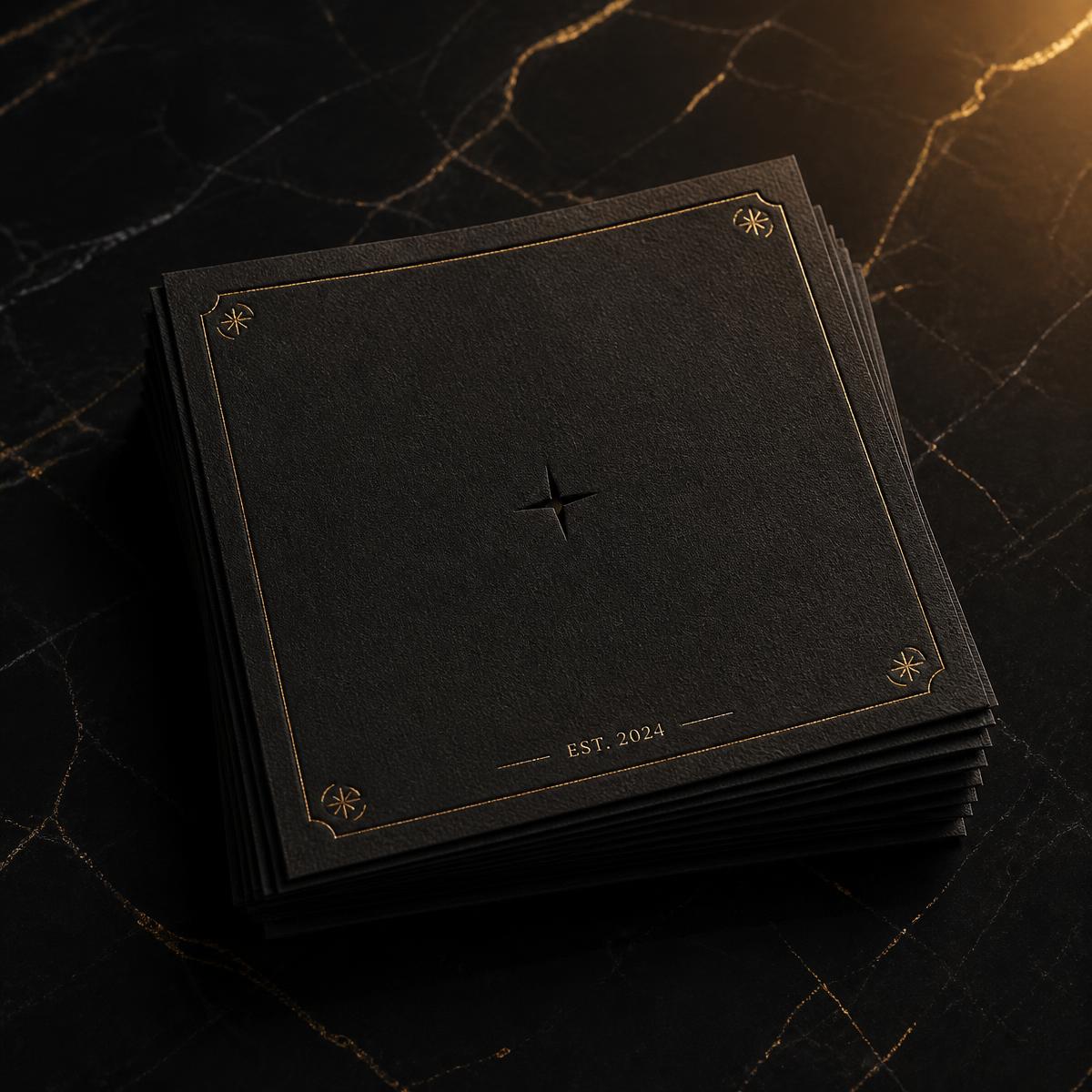 Stack of premium black SafeSip cocktail napkins with gold detailing on black marble